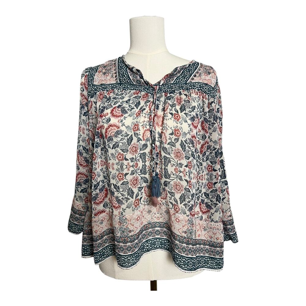Knox Rose Sheer Floral Womens Blouse Shirt Top S Small Boho Hippie Casual